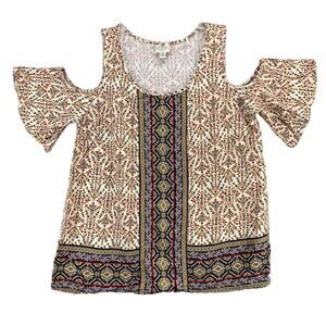 St Johns Bay Womens Blouse Top Petite Medium Cold Shoulder Cotton Floral Print